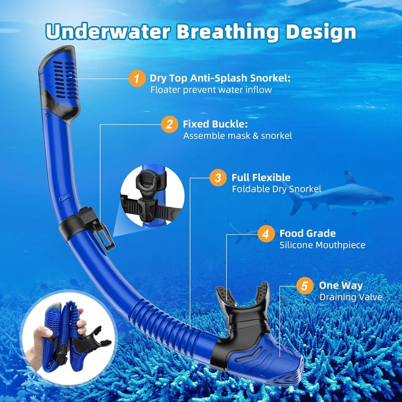 Honlanor Snorkel Set Adults Snorkeling Gear Anti-Leak and Anti-Fog Tempered Glass Lens Panoramic View Swim Mask Dry Top Snorkel Kit for Snorkeling Scuba Diving Swimming Travel with Carry Bag - Image 5